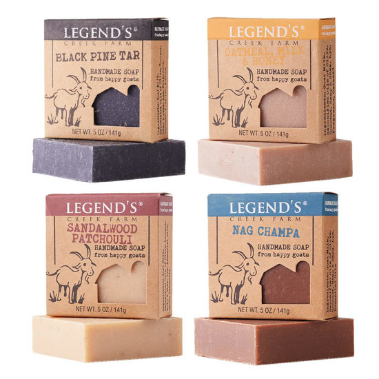 Picture of Legend’s Creek Farm Goat Milk Soap, Moisturizing Cleansing Bar for Hands and Body, Creamy Lather and Nourishing, Gentle For Sensitive Skin, Handmade in USA (Sandalwood Patchouli, Oatmeal Milk & Honey, Black Pine Tar, & Nag Champa, 4-Pack)