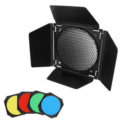 Picture of Soonpho BD-04 Barn Door with Honeycomb Grid and 4 Color Gel Filters (Red,Yellow, Blue,Green) for Standard Reflector & Cloth