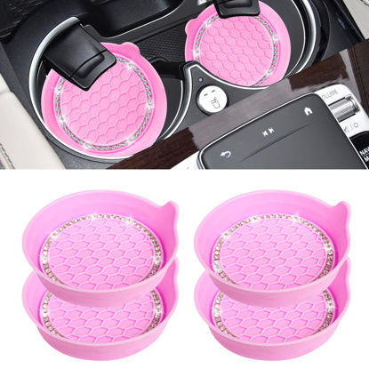 Picture of Amooca Car Cup Coaster Universal Non-Slip Cup Holders Bling Crystal Rhinestone Car Interior Accessories 4 Pack Pink