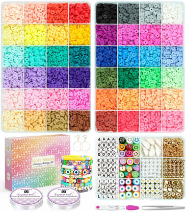 Picture of 12000 Pcs Clay Beads for Bracelet Making, Paodey 48 Colors 3 Boxes Polymer Clay Beads Spacer Beads Kit, Jewelry Making Kit with Preppy Heishi Beads and Elastic Strings, Crafts Gift for Girls Ages 6-12