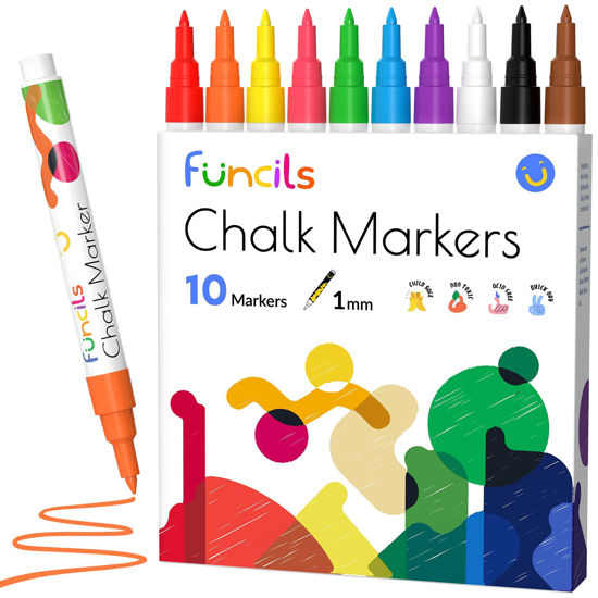 Picture of Funcils 10 Extra Fine Tip Chalk Markers for Chalkboard Signs, Blackboard, Window, Labels, Bistro, Glass, Car (10 Pack, 1mm) - Wet Wipe Erasable Ink Chalk Board Markers, Liquid Chalk Pens