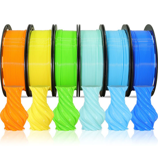 Picture of 1.75mm 3D PLA Blue Filament 6 in 1 Bundle: Yellow, Light Orange, Sky Blue, Sapphire Blue, Cyan, Lime Green; 6 Bright Colors Packed, Each 250g, 6 Spools Packed, Total 1.5Kg 3D Printing Material MIKA3D