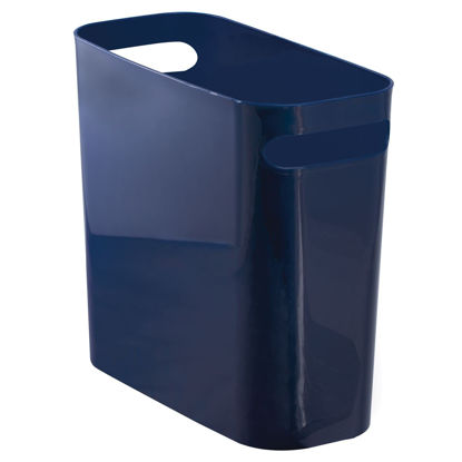 Picture of mDesign Plastic Small Trash Can, 1.5 Gallon/5.7-Liter Wastebasket, Narrow Garbage Bin with Handles for Bathroom, Laundry, Home Office - Holds Waste, Recycling, 10" High - Aura Collection, Navy Blue