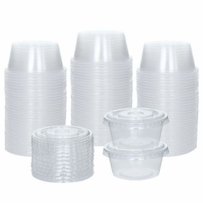 Picture of Galashield [100 Sets] 3.25 oz Small Plastic Containers with Lids, Jello Shot Cups with Lids, Disposable Portion Cups, Condiment Containers with Lids, Souffle Cups for Sauce and Dressing