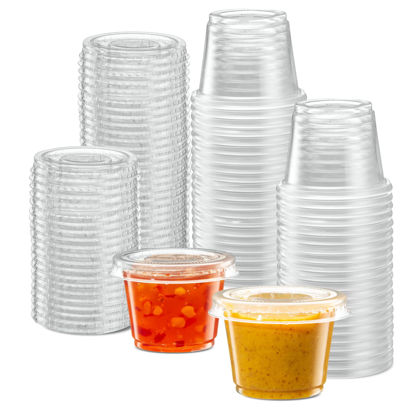 Picture of {1 oz - 100 Sets} Clear Diposable Plastic Portion Cups With Lids, Small Mini Containers For Portion Controll, Jello Shots, Meal Prep, Sauce Cups, Slime, Condiments, Medicine, Dressings, Crafts, Disposable Souffle Cups & Much more