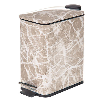 Picture of mDesign Slim Metal Rectangle 1.3 Gallon Trash Can with Step Pedal, Easy-Close Lid, Removable Liner - Narrow Wastebasket Garbage Container Bin for Bathroom, Bedroom, Kitchen, Office - Taupe Marble