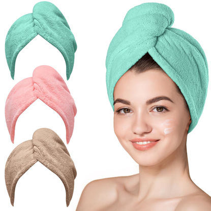 Picture of Hicober Microfiber Hair Towel, Hair Towel Wrap Turbans for Women,Hair Drying Towel Wrap Hair Accessories for Women Girls-Pink,Green,Coffee,3Packs