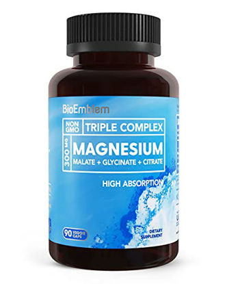 Picture of BioEmblem Triple Magnesium Complex | 300mg of Magnesium Glycinate, Malate, & Citrate for Muscles, Nerves, & Energy | High Absorption | Vegan, Non-GMO | 90 Capsules