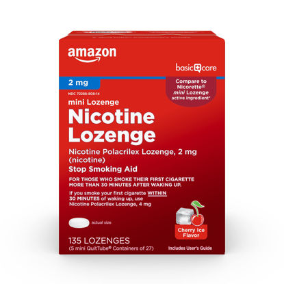 Picture of Amazon Basic Care Mini Nicotine Polacrilex Lozenge, 2 mg, Cherry Ice Flavor, Stop Smoking Aid, 135 Count
