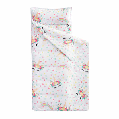 Picture of Wake In Cloud - Nap Mat with Removable Pillow for Kids Toddler Boys Girls Daycare Preschool Kindergarten Sleeping Bag, Unicorns Polka Dot on White, 100% Soft Microfiber