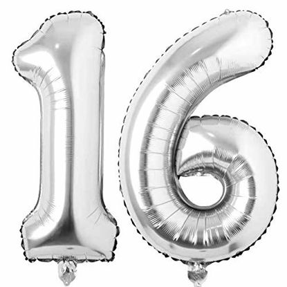 Picture of 16 Number Balloons Silver Giant Jumbo Big Large Number 16 Foil Mylar Balloons for Sweet 16th Birthday Party Supplies 16 Anniversary Events Decorations