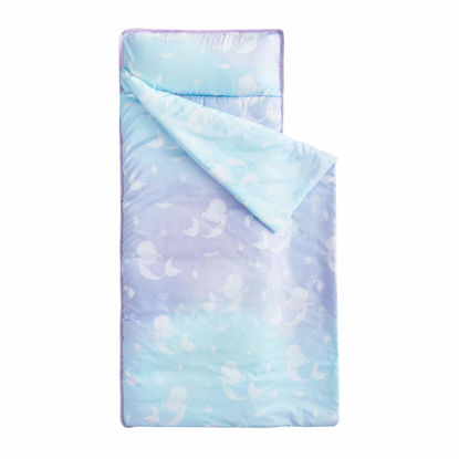 Picture of Wake In Cloud - Extra Long Nap Mat with Removable Pillow for Kids Toddler Boys Girls Daycare Preschool Kindergarten Sleeping Bag, White Mermaids on Gradient Purple Blue, 100% Soft Microfiber