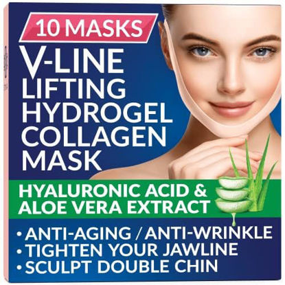Picture of 10 Piece Double Chin Reducer - V Line Shaping Face Masks - Toning Hydrogel Collagen Mask with Aloe Vera - Anti-Aging and Anti-Wrinkle Band