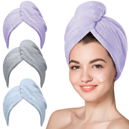 Picture of Hicober Microfiber Towel, 3 Packs Hair Turbans for Wet Hair, Drying Hair Wrap for Curly Hair Women Anti Frizz(Purple,Blue,Grey)