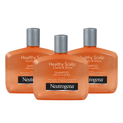Picture of Neutrogena Exfoliating Healthy Scalp Clarify & Shine Shampoo for Oily Hair and Scalp, Anti-Residue Shampoo with Pink Grapefruit, pH-Balanced, Paraben & Phthalate-No, Color-Safe, 12 Fl Oz (pack of 3)