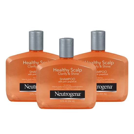Picture of Neutrogena Exfoliating Healthy Scalp Clarify & Shine Shampoo for Oily Hair and Scalp, Anti-Residue Shampoo with Pink Grapefruit, pH-Balanced, Paraben & Phthalate-No, Color-Safe, 12 Fl Oz (pack of 3)