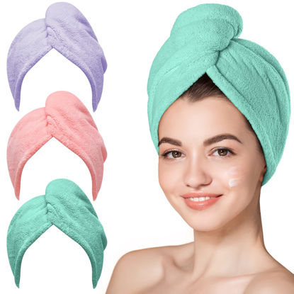 Picture of Hicober Microfiber Hair Towel, 3 Packs Turbans for Wet Hair, Drying Wrap Towels Curly Women Anti Frizz(Pink,Purple,Green)