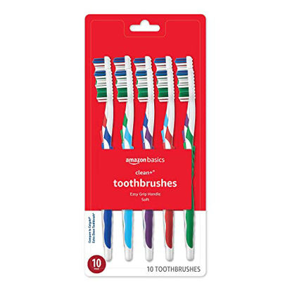 Picture of Amazon Basics Clean Plus Toothbrushes, Soft, Full, 10 Count, Assorted Colors (Previously Solimo)