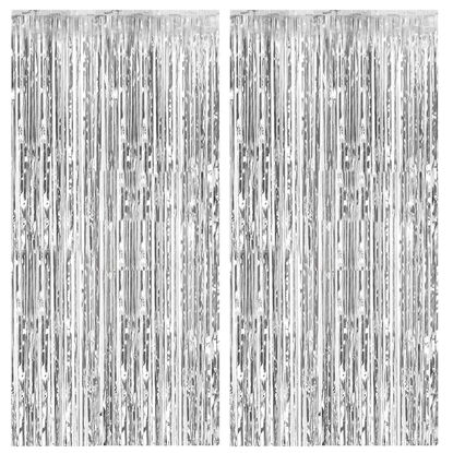 Picture of 2 Pack Foil Curtain Backdrop Silver Metallic Tinsel Foil Fringe Curtains Photo Booth Props for Birthday Wedding Engagement Baby Shower Bachelorette Christmas Holiday Celebration Party Decorations