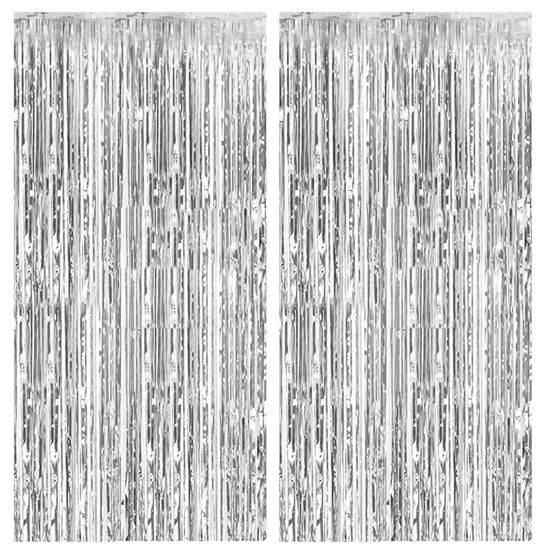 Picture of 2 Pack Foil Curtain Backdrop Silver Metallic Tinsel Foil Fringe Curtains Photo Booth Props for Birthday Wedding Engagement Baby Shower Bachelorette Christmas Holiday Celebration Party Decorations