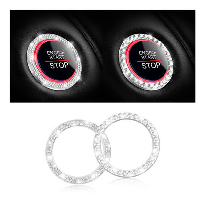 Picture of Car Bling Crystal Rhinestone Engine Start Ring Stickers, 1 Single Drainage Drill and 1 Double Drainage Drill Car Start Button Cover, Key Ignition Knob Bling Ring Decals, Bling Car Accessories (Silver)
