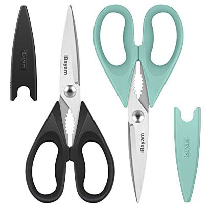 Picture of Kitchen Poultry Shears, iBayam Meat Scissors Heavy Duty Dishwasher Safe Food Cooking Shears All Purpose Stainless Steel Utility Scissors, 2-Pack, Black, Aqua Sky