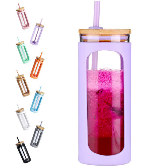 Picture of Kodrine 20oz Glass Water Tumble with Straw and Lid, Bamboo Lids Water Bottle, Iced Coffee Cup Reusable, Wide Mouth Smoothie Cups, Straw Silicone Protective Sleeve BPA FREE-Purple