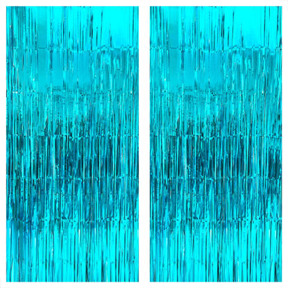 Picture of KatchOn, Ocean Blue Foil Fringe Curtain - XtraLarge 6.4x8 Feet, Pack of 2 | Blue Streamers for Summer | Summer Beach Party Decorations | Beach Theme Party Decorations, Ocean Themed Party Decorations
