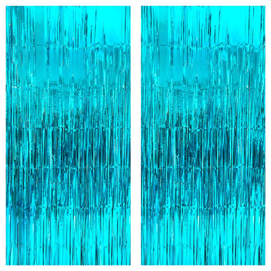 Picture of KatchOn, Ocean Blue Foil Fringe Curtain - XtraLarge 6.4x8 Feet, Pack of 2 | Blue Streamers for Summer | Summer Beach Party Decorations | Beach Theme Party Decorations, Ocean Themed Party Decorations