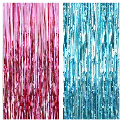 Picture of KatchOn Pink and Blue Foil Fringe - Large 6.4x8 Feet, Pack of 2 | Girl or Boy Gender Reveal Decorations | Pink and Blue Fringe for Boy or Girl Backdrop | Gender Reveal Backdrop for Gender Reveal Decor