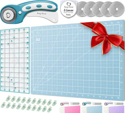 Picture of Rotary Cutter Set pink - Quilting Kit incl. 45mm Fabric Cutter, 5 Replacement Blades, A3 Cutting Mat, Acrylic Ruler and Craft Clips - Ideal for Crafting, Sewing, Patchworking, Crochet & Knitting