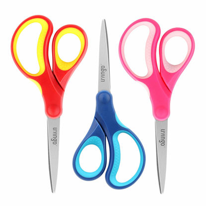 Picture of LIVINGO 7" Student Scissors, Sharp Stainless Steel Pointed Tip Blades Shears for Middle School Kids Crafting Project, Comfort Right/Left-handed, Assorted Color, 3 Pack
