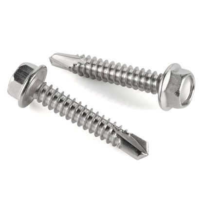 Picture of #8 x 1-1/2" (1/2" to 1-1/2" Available) Hex Washer Head Self Drilling Screws, Self Tapping Sheet Metal Tek Screws, 410 Stainless Steel, 100 PCS