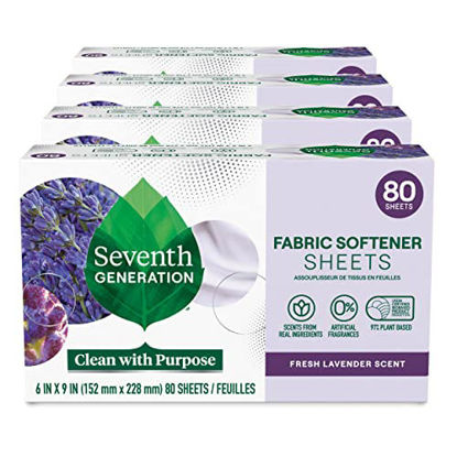 Picture of Seventh Generation Dryer Sheets Fabric Softener Fresh Lavender Scent with 100% Essential Oils and Botanical Ingredients 80 Sheets (Pack of 4)