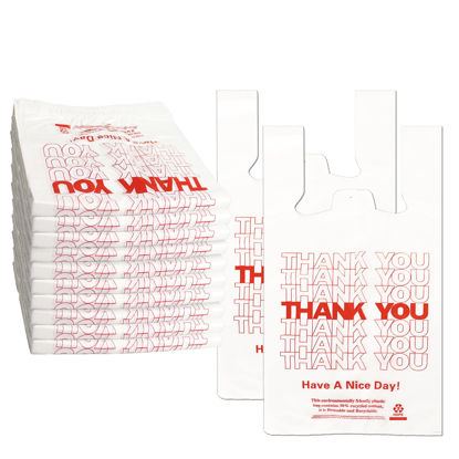 Picture of YoYoRain 1000PACK Thank you bags, T shirt bags, White Plastic Bags with Handles, Grocery shopping bag Reusable and Disposable Supermarket Bag 11''x6''x21''