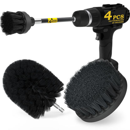 Picture of Holikme 4Pack Drill Brush Power Scrubber Cleaning Brush Extended Long Attachment Set All Purpose Drill Scrub Brushes Kit for Grout, Floor, Tub, Shower, Tile, Bathroom Black