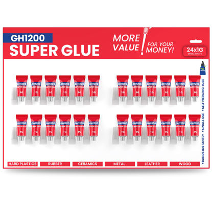 Picture of 1 Gram (Pack of 24) Single use Super Glue All Purpose, Super Fast, Thick & Strong Adhesive Superglue, Cyanoacrylate Glue for Hard Plastics, DIY Craft, Ceramics, Frame, Leather, Metal Etc