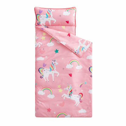 Picture of Wake In Cloud - Extra Long Unicorn Nap Mat, with Removable Pillow for Kids Toddler Boys Girls Daycare Preschool Kindergarten Sleeping Bag, White Unicorns Printed on Pink, 100% Microfiber
