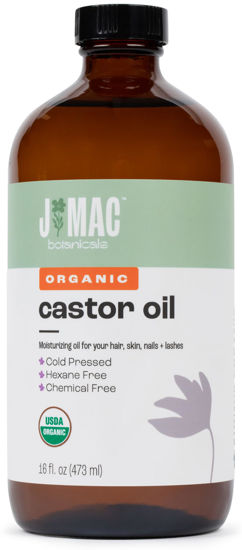 Picture of J MAC BOTANICALS Organic Castor Oil Cold Pressed (Glass Bottle, 16 oz), pure castor oil, hexane free, castor oil for face, skin, castor oil for eyelashes, cold pressed organic castor oil