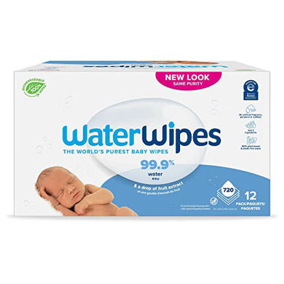 Picture of WaterWipes Plastic-Free Original Baby Wipes, 99.9% Water Based Wipes, Unscented & Hypoallergenic for Sensitive Skin, 720 Count (12 packs), Packaging May Vary