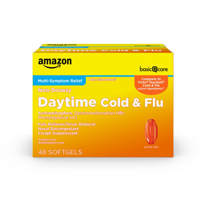 Picture of Amazon Basic Care Daytime Cold and Flu Relief Softgels, Non-Drowsy, Relief of Pain, Fever, Cough, Sore Throat, Nasal Congestion, 48 Count