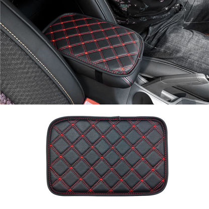 Picture of 8sanlione Car Leather Center Console Cushion Pad, 11.4"x7.4" Waterproof Armrest Seat Box Cover Fit for Cars, Vehicles, SUVs, Comfort, Car Interior Protection Accessories (Black/Red-2)