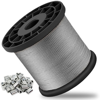 Picture of Wire Rope, 1/16 Wire Rope, 304 Stainless Steel Cable, Aircraft Cable, Steel Wire, 1000FT with 300Pcs Crimping Sleeves, Clothes Line Wires, Trellis Wire, 7x7 368lbs Breaking Strength