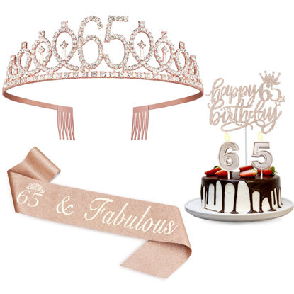 Picture of 65th Birthday Decorations for Women,65th Birthday Sash,Crown/Tiara,Candles,Cake Toppers.65th Birthday Gifts for Women,65 Birthday Decorations for Women,65 Birthday Party Decorations