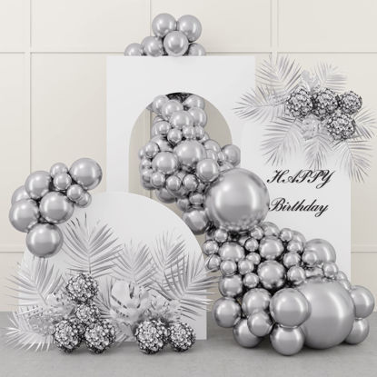 Picture of RUBFAC 87pcs Silver Balloons Latex Balloons Different Sizes 18 12 10 5 Inch Metallic Silver Chrome Party Balloon Kit for Birthday Party Graduation Baby Shower Wedding Holiday Balloon Decoration