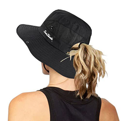 Picture of Women's Outdoor UV-Protection-Foldable Sun-Hats Mesh Wide-Brim Beach Fishing Hat with Ponytail-Hole (Black)