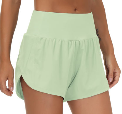 Picture of THE GYM PEOPLE Womens High Waisted Running Shorts Quick Dry Athletic Workout Shorts with Mesh Liner Zipper Pockets(Pale Green, Large)