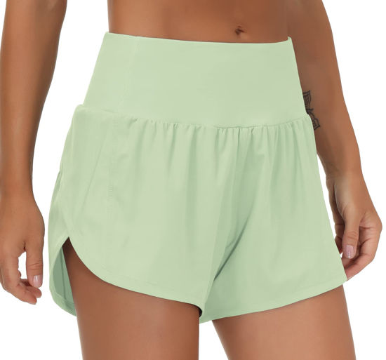 GetUSCart- THE GYM PEOPLE Womens High Waisted Running Shorts Quick Dry  Athletic Workout Shorts with Mesh Liner Zipper Pockets(Pale Green, Large)