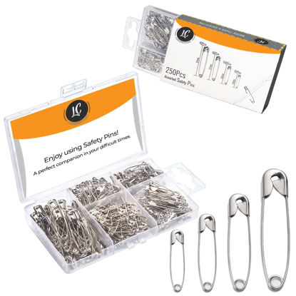 Picture of 250 Pack Safety Pins by Luxurecourt, 4 Assorted Sizes of Durable, Silver Small and Large Safety Pins Bulk, Rust-Resistant Nickel Plated Steel, Sharp Edge Safety Pins for Clothes, Sewing, Arts & Craft