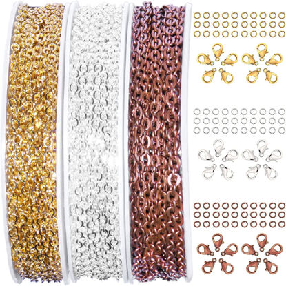 Picture of Jishi 30ft Jewelry Making Chains Bulk 2mm Necklace Chains for Jewelry Making Supplies, DIY Craft Earring Bracelet Making Findings, 3-Colors Gold Silver Copper Plated Metal Rolo Cable Link Chain Rolls